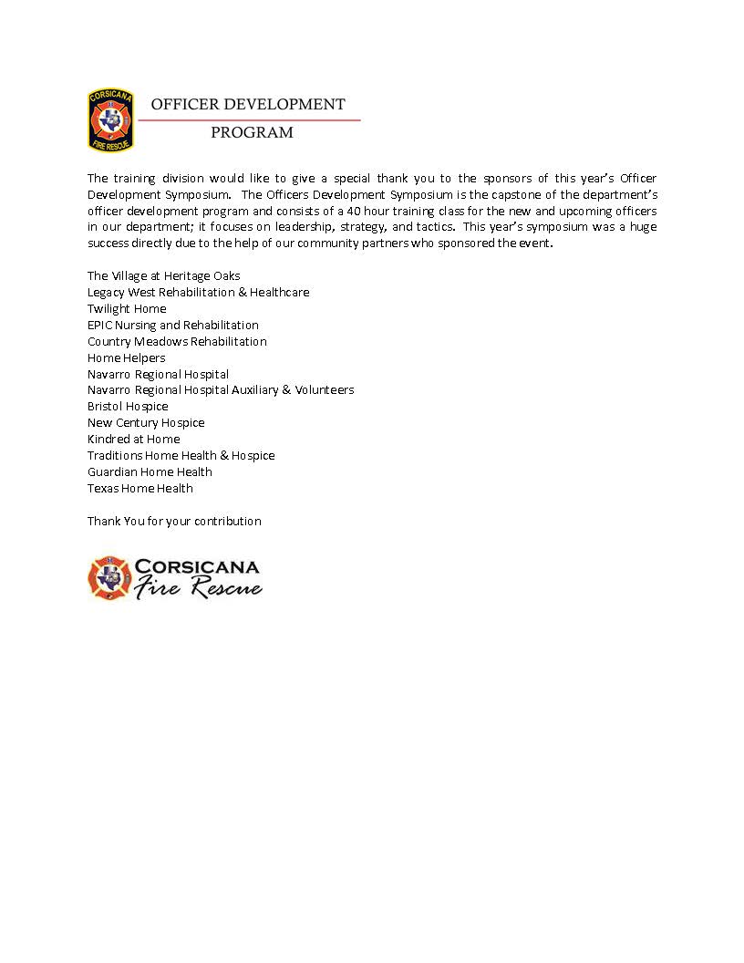 The training division would like to give a special thank you to the sponsors of this year