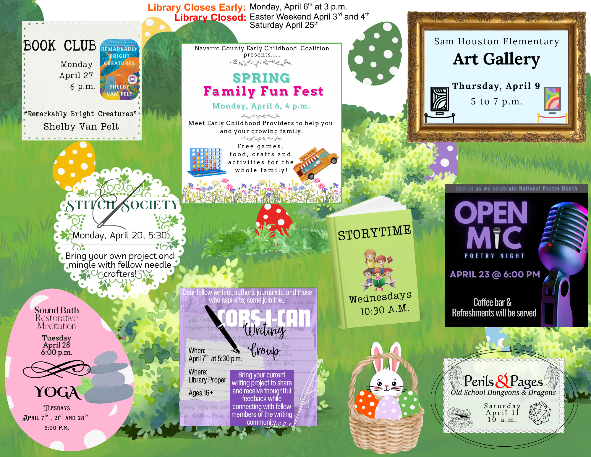 Corsicana Public Library April 2026 calendar back page with event descriptions